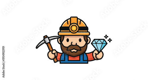 Cartoon miner holding pickaxe and diamond gemstone illustration