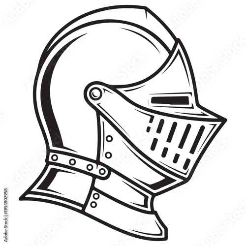 Medieval Knight Helmet Illustration Featuring a Side Profile View with a Closed Visor Isolated on a White Background for Graphic Design and Branding Bold Black and White Line Art Aesthetic