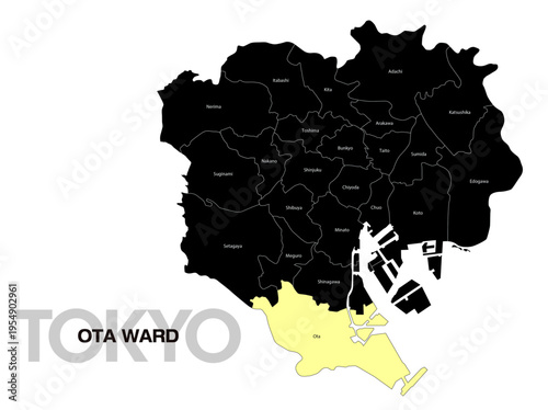 東京都大田区の位置地図 区名有り(英語) 03