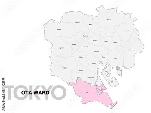 東京都大田区の位置地図 区名有り(英語) 02