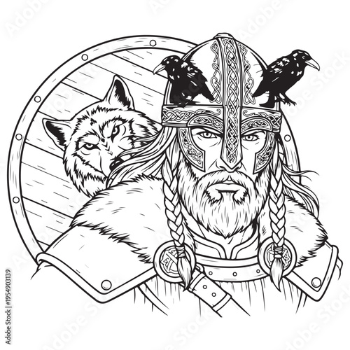 Powerful Viking warrior with braided beard and ornate helmet standing with a fierce wolf and two ravens against a wooden shield, detailed black and white line art for Norse mythology themes.