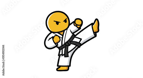 Karate figure in martial arts uniform performing kick against white background