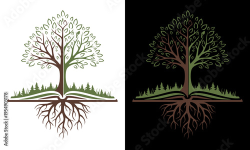 Tree with roots and leaves on grassy soil in daytime and nighttime