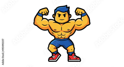 Cartoon strong man flexing muscles isolated white background