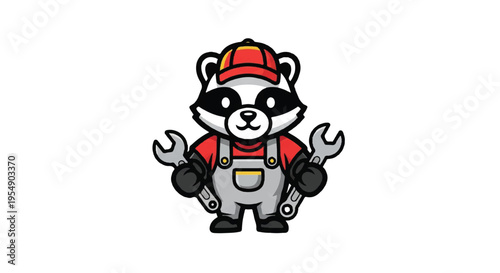 Cartoon raccoon mechanic character with wrenches in red and gray uniform on white
