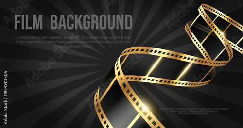 Film frame banner with golden curved filmstrip. Movie film concept. Vector illustration