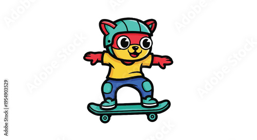 Cartoon bear skateboarder in action isolated on white background