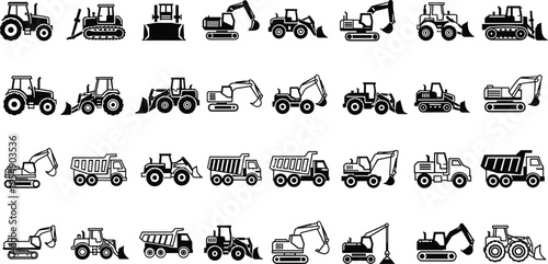 Black and white heavy construction machinery icons set featuring excavators dump trucks tractors bulldozers and loaders isolated on white background for industrial design projects.