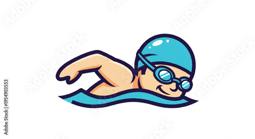 Cartoon swimmer in cap and goggles swims freestyle vector illustration on white background