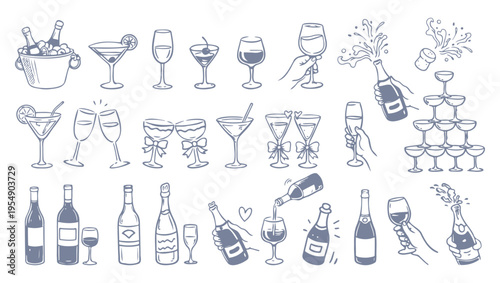 Cocktail and champagne doodle set with wine glasses bottles and party drinks hand drawn vector collection