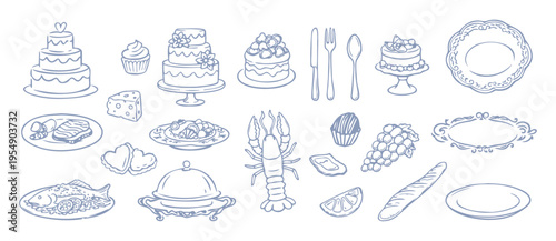 Hand drawn wedding food and dessert doodle icons set with cake dishes and restaurant menu elements vector illustration