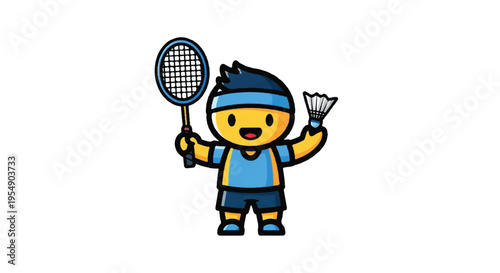 Cartoon badminton player with racket and shuttlecock on white background