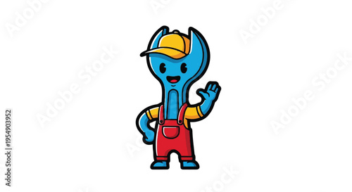 Cartoon spanner character with smiling face and waving hand on white