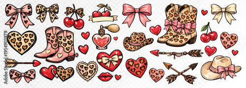 Coquette western clipart collection with bows, leopard hearts, boots, lips, arrows and cowboy hat, romantic feminine decorative set for stickers, cards and boutique branding. Vector illustration