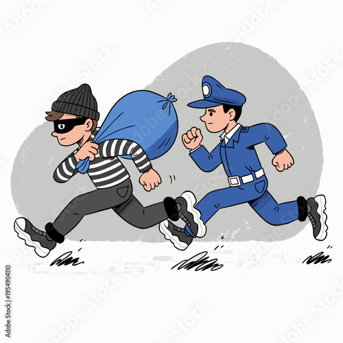 Dynamic illustration depicting a masked thief in swift escape with a stolen bag, fiercely pursued by a diligent police officer, highlighting a dramatic crime and law enforcement chase sequence