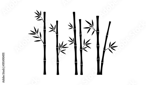 Stylized black bamboo stalks vector illustration with leaves on white background