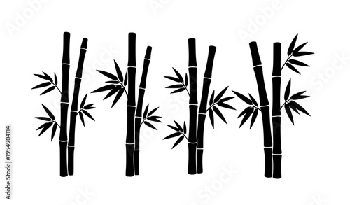 Minimalist black bamboo vector illustration with natural leaf clusters
