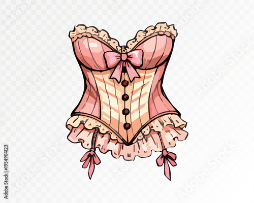 Romantic pink corset with lace ruffles, bows and vintage coquette details, feminine fashion clipart element for boutique branding, stickers, valentine cards and stylish decor. Vector illustration