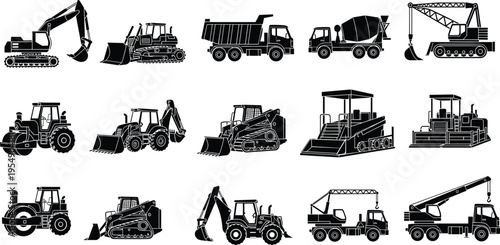 Black silhouette collection of heavy construction machinery icons including excavator bulldozer crane dump truck and road roller isolated on white background for industrial vector design (25 words)