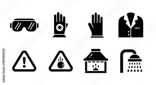 Safety Icons: Goggles, Gloves, Lab Coat, Warning Signs, Shower