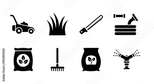 Gardening Tools and Supplies Icons Set: Lawn Mower, Grass, Saw, Hose, Fertilizer, Rake, Sprinkler
