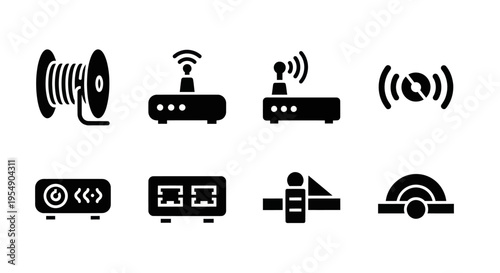 Network Equipment Icons: Router, Wi-Fi, Cable Reel, Switch, Modem, Signal