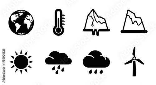 Climate Change Icons: Earth, Thermometer, Melting Glaciers, Sun, Rain, Wind Turbine