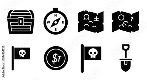 Pirate Treasure Map Icons: Chest, Compass, Flags, Shovel, Coin - Vector Set
