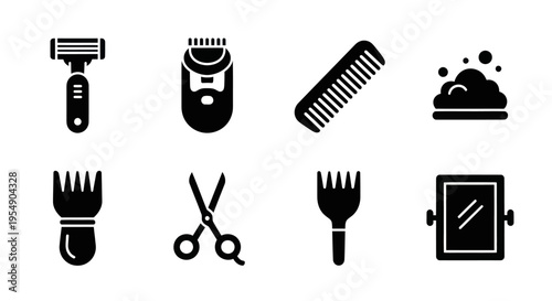 Barber Tools Icons: Razor, Trimmer, Comb, Scissors, Mirror, Shaving Foam
