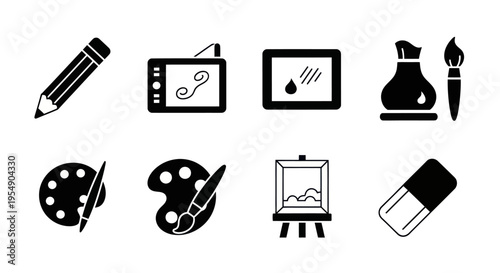 Art Supplies Icons: Pencil, Tablet, Paint, Brush, Palette, Easel, Eraser