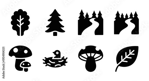 Forest icons: trees, path, mushroom, nest with bird, leaf