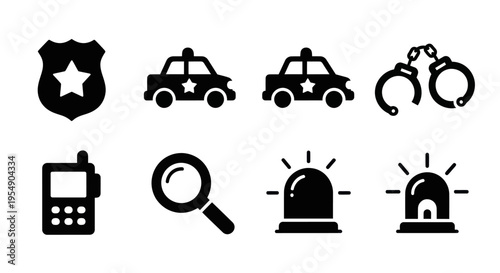 Police Icons: Badge, Cars, Handcuffs, Radio, Magnifying Glass, Sirens