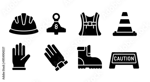 Construction Safety Gear Icons: Hard Hat, Gloves, Vest, Cone, Boot, Caution Sign