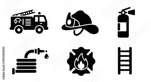 Firefighter Icons: Truck, Helmet, Extinguisher, Hose, Emblem, Ladder