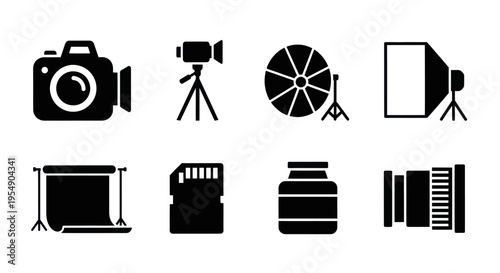 Photography Studio Equipment Icons - Camera, Lights, Backdrop, Lens, SD Card