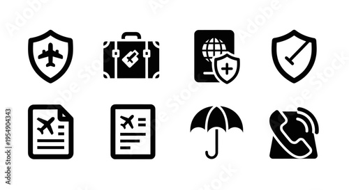 Travel Insurance Icons: Protection, Luggage, Passport, Safety, Flight, Umbrella, Phone