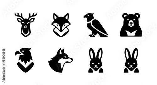 Set of stylized animal icons: deer, fox, eagle, bear, rabbit, wolf