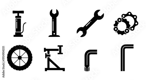 Bicycle Repair Tools Icons Set: Pump, Wrench, Gears, Wheel, Stand, Allen Keys