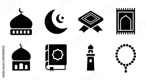 Islamic Icons Set: Mosque, Crescent Moon, Quran, Prayer Mat, Minaret, Rosary