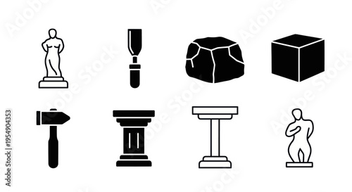 Sculpture icons: statue, chisel, hammer, stone, cube, column, pedestal