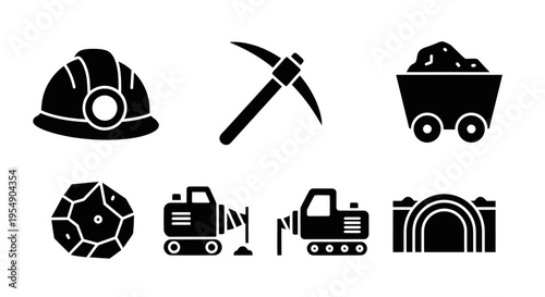 Mining Icons Set: Helmet, Pickaxe, Cart, Ore, Excavator, Mine Entrance