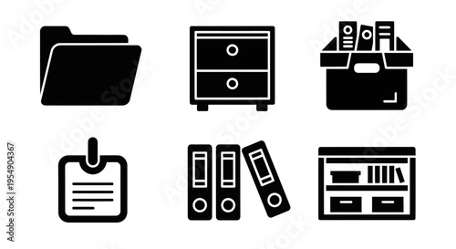 Office Organization Icons: Folder, Cabinet, Box, Badge, Binders, Shelving
