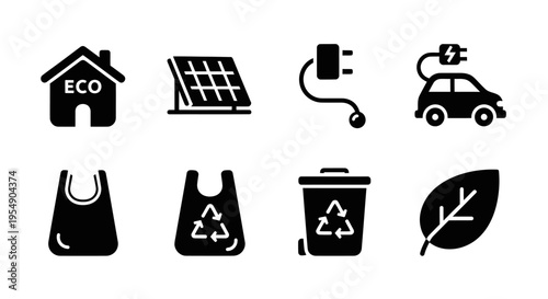 Eco-friendly Icons: House, Solar Panel, Electric Car, Leaf, Bag, Bin