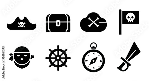 Pirate Icons Set: Skull, Treasure Chest, Flag, Compass, Sword, Wheel, Bandana