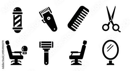 Barber Shop Icons: Clipper, Scissors, Chair, Mirror, Comb, Razor
