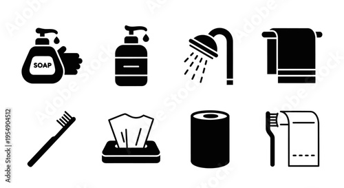 Bathroom Icons: Soap, Shower, Towel, Toothbrush, Tissues, Toilet Paper, Razor