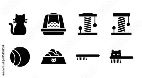Cat Care Icons: Silhouette of Cat, Litter Box, Scratching Post, Toy, Food Bowl, Brush