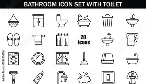 Bathroom icon set with toilet, shower, sink, hygiene tools, cleaning symbols, home utility minimal outline vector illustration collection