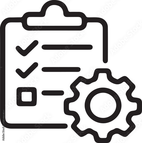 A black and white line art icon featuring a checklist document combined with a mechanical gear cog