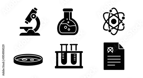 Science icons: microscope, flask, atom, petri dish, test tubes, document